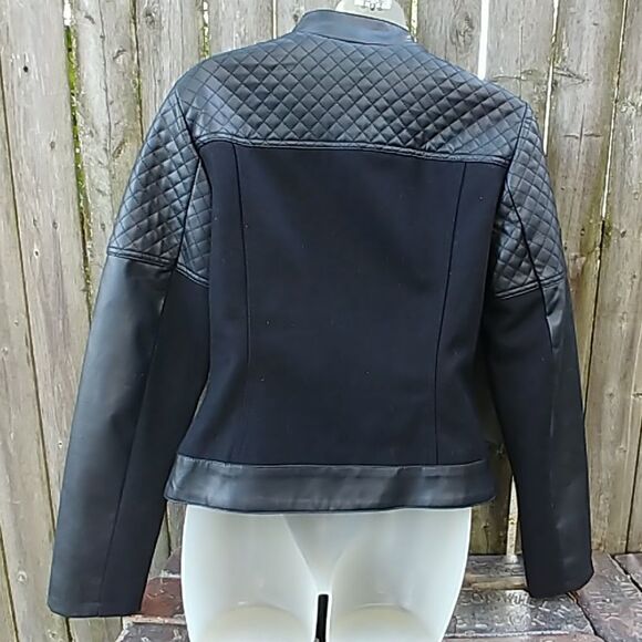 Black Wool & Vinyl Quilted Cafe Motorcycle Jacket - Picture 2 of 4